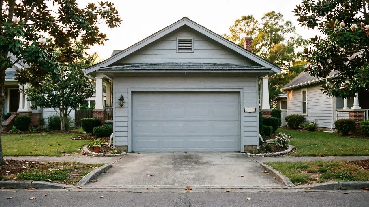 A light gray house has a single garage door and a concrete driveway.